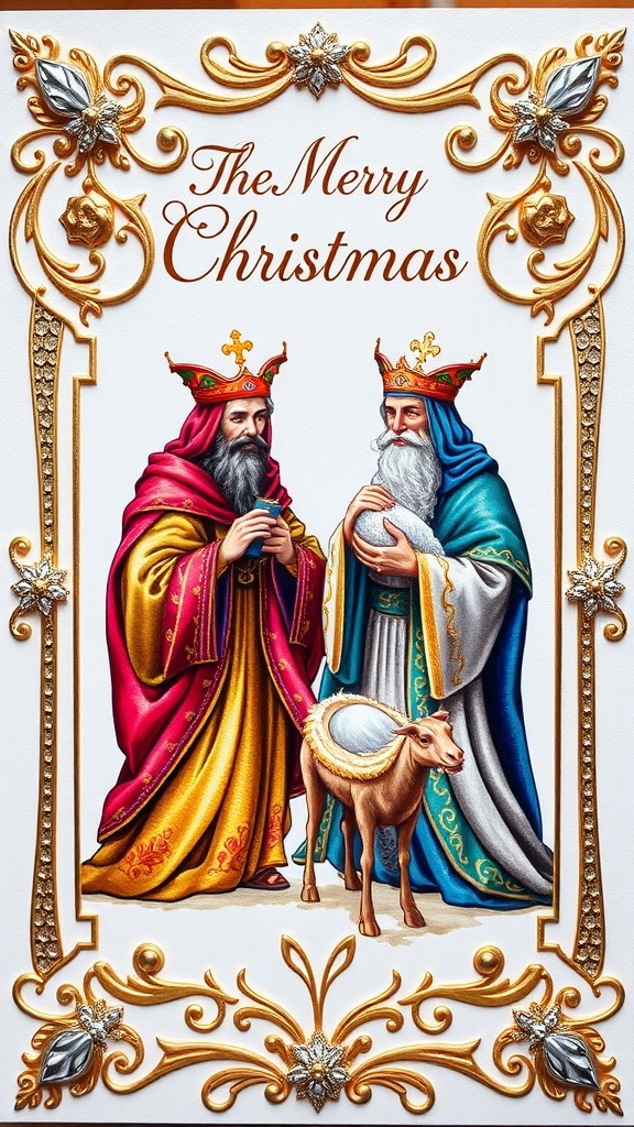 A colorful Christmas card depicting the Three Wise Men with gold and silver embellishments.